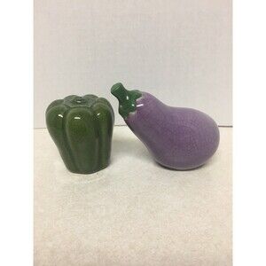 Ceramic Purple Eggplant & Green Bell Pepper Salt and Pepper Shakers Set